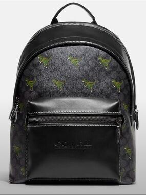 Coach Black Leather Backpack with Green Rexy Print